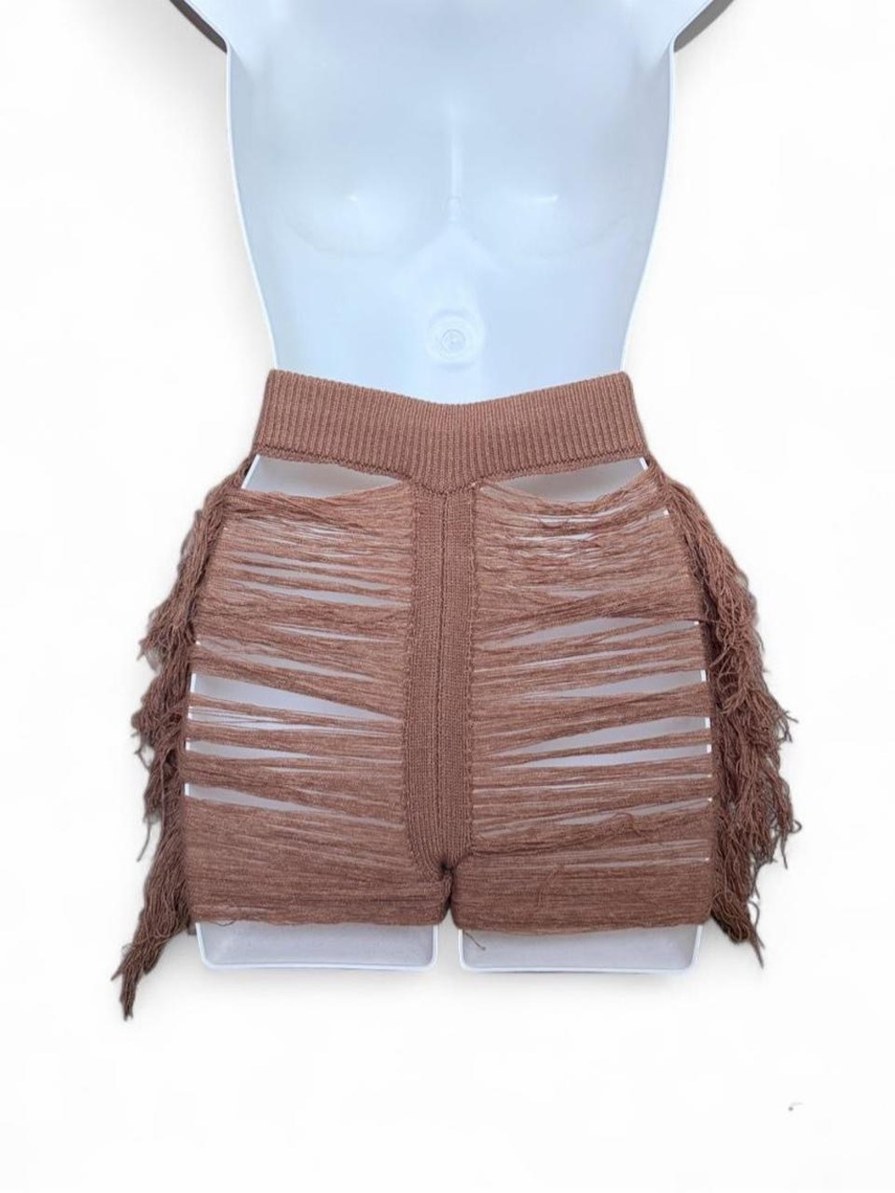 High-Waist Fringe Knit Shorts in Brown - Picture 2 of 6